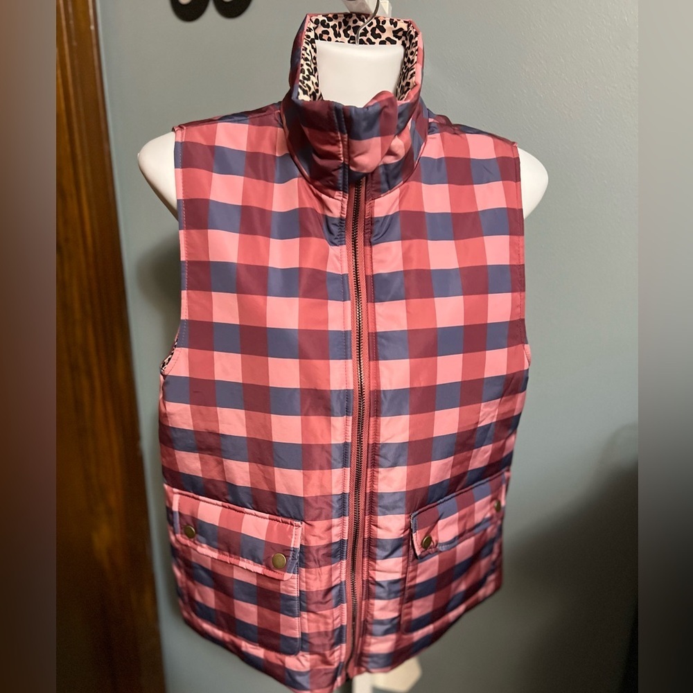 Pete and Lucy Burgundy Purple Pink Checkered Puffer Zip Up Vest NWT Small